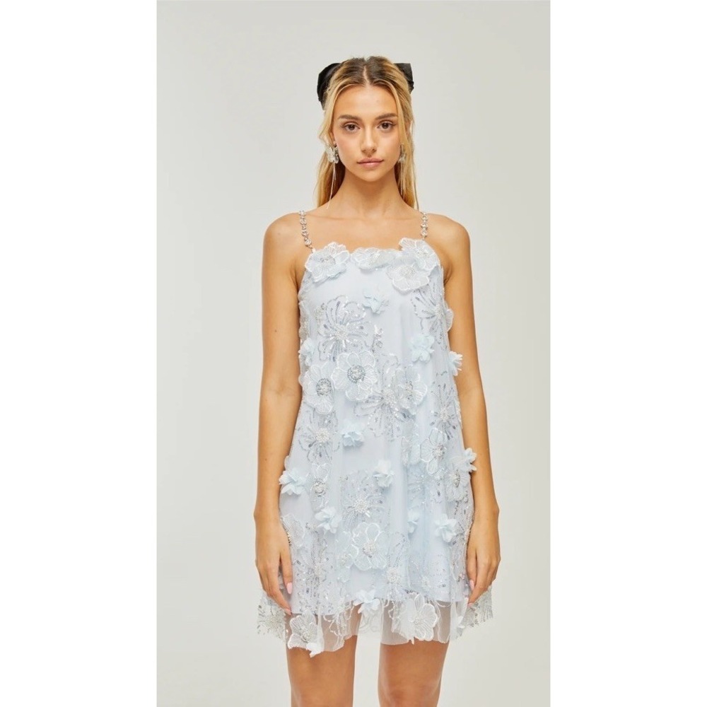 NWT Miss Rosier Suzette crystal-embellished floral mini dress light blue S $184